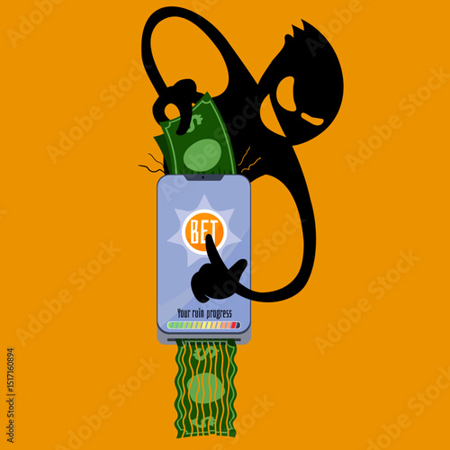 Predatory Gambling: Demonic Hand Feeding Money to Betting App - Financial Ruin Concept