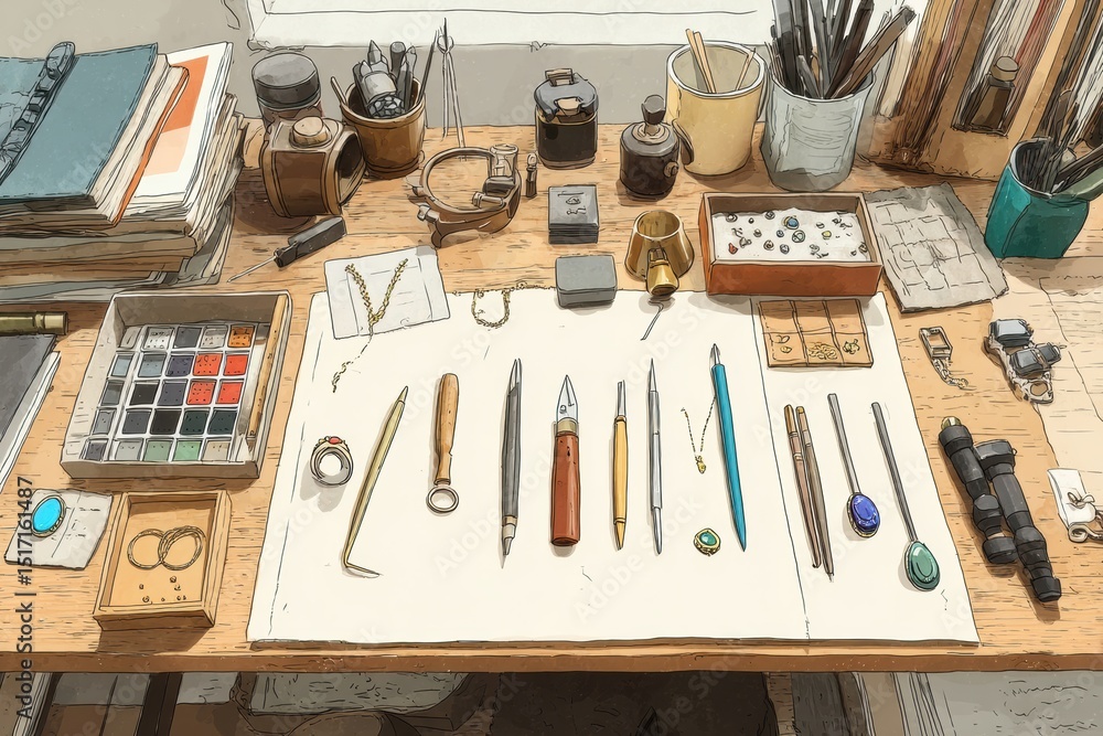 Handmade Jewelry Tools and Materials Arranged on a Workspace for Crafting Unique Accessories Handmade Jewelry Tools and Materials Arranged on a Workspace for Crafting Unique Accessories
