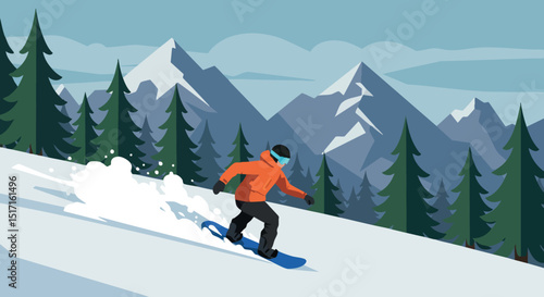 Snowboarder descending snowy mountain slope with pine trees and blue sky vector illustration 