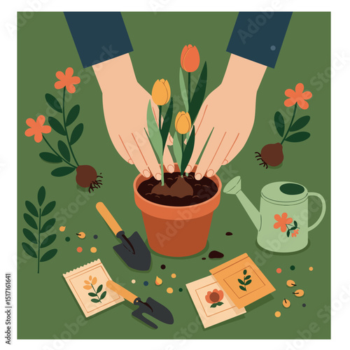 Hands planting tulip flowers in pot with gardening tools and seeds vector illustration 