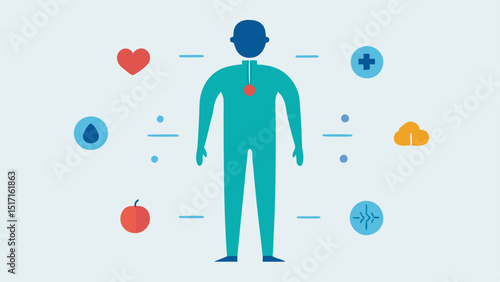 Infographic Style Heat Distribution A fullbody silhouette surrounded by small icons representing body parts like heart lungs with colored pins showing relative temperature based on