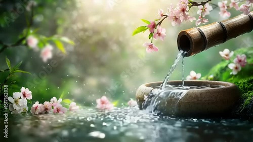 Zen garden water feature with bamboo and blossoms