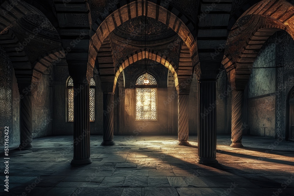 Fototapeta premium Sunlit interior of an ancient arched hall