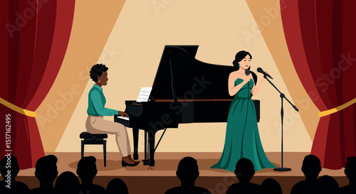 Woman singing with pianist on stage in elegant green dress concert scene 