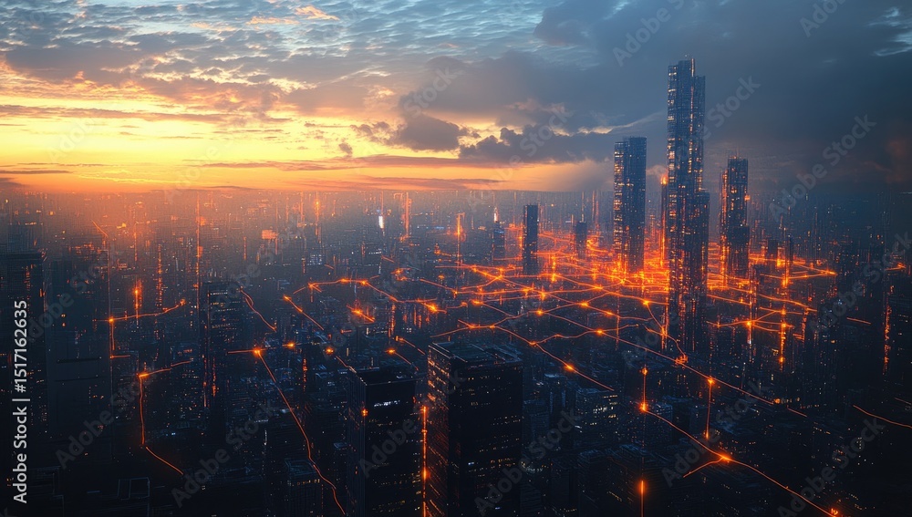 Fototapeta premium Futuristic cityscape at sunset, glowing network