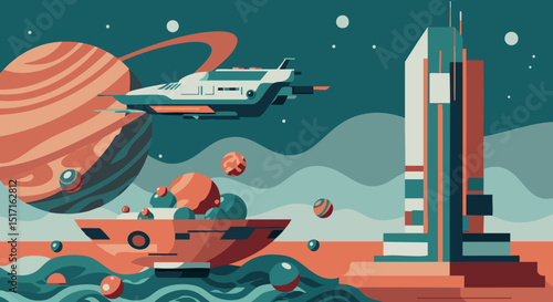 Spacecraft and rocket launchpad with planet and moons in retro futuristic style vector illustration 