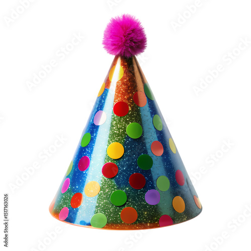 Rainbow Polka Dot Party Hat with Pink PomPom