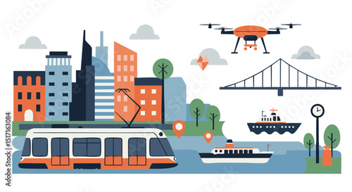Urban transportation with tram drone ship and bridge cityscape vector illustration 