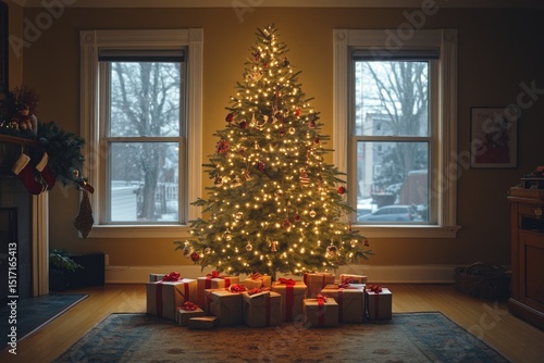Cozy living room decorated with Christmas tree and warm lighting