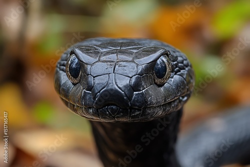 Close up of a black snake with glossy scales in a forest environment