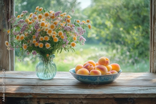 Fresh peaches and daisies in vase on rustic wooden windowsill in sunlight