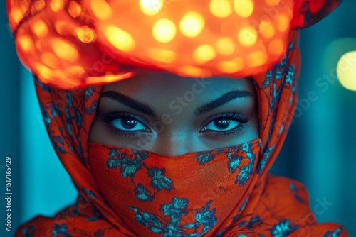 Mysterious woman with piercing eyes wearing ornate red headscarf and lights