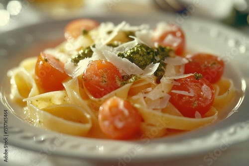Delicious pasta dish with cherry tomatoes and herbs on white plate