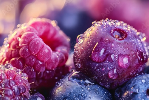 Frozen berries covered in frost with vibrant color and macro texture