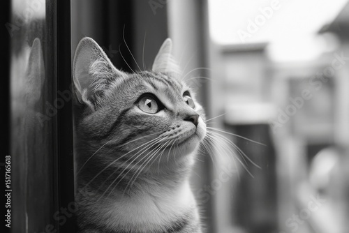 Monochrome closeup of a curious cat peeking out of a window frame