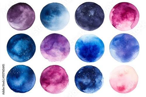 Watercolor circle swatches in shades of blue pink and purple on white paper