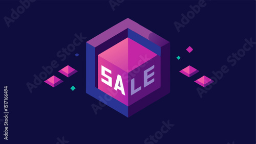 3D Sale Cube A threedimensional cube displaying rotating neon discounts with a gleaming surface. A shopper stands captivated pointing at the dynamic visuals.