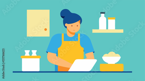 Baking Day A person baking in their kitchen mixing ingredients and rolling dough with a recipe book open and no electronic devices to be seen.