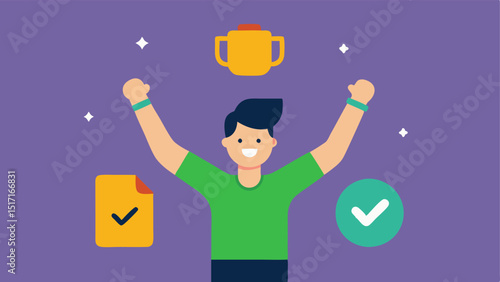 Goal Achievement Notification A person celebrating with arms raised looking at their smarch. The display shows a trophy icon indicating theyve reached a fitness or health