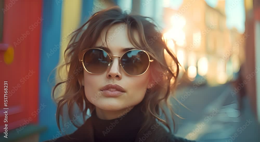 Stylish Woman with Round Sunglasses in a City Setting Stylish Woman with Round Sunglasses in a City Setting