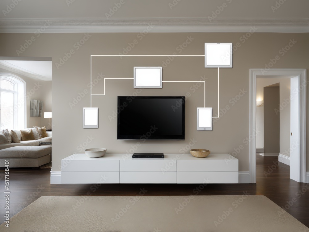 Fototapeta premium Modern living room interior showcasing a sleek television mounted on a light beige wall with connected digital displays illustrating the concept of innovative smart home technology and