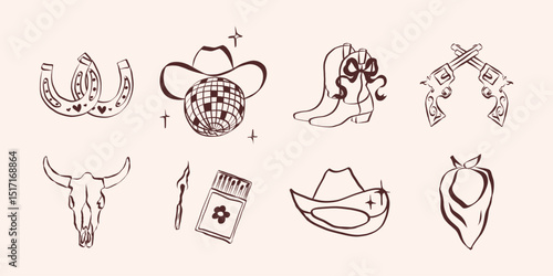 Cowgirl and cowboy set in hand drawn coquette style. Retro whimsical symbols for bachelorette and girls birthday party. Trendy and cute art for holidays banner. Doodle sketch vector illustration
