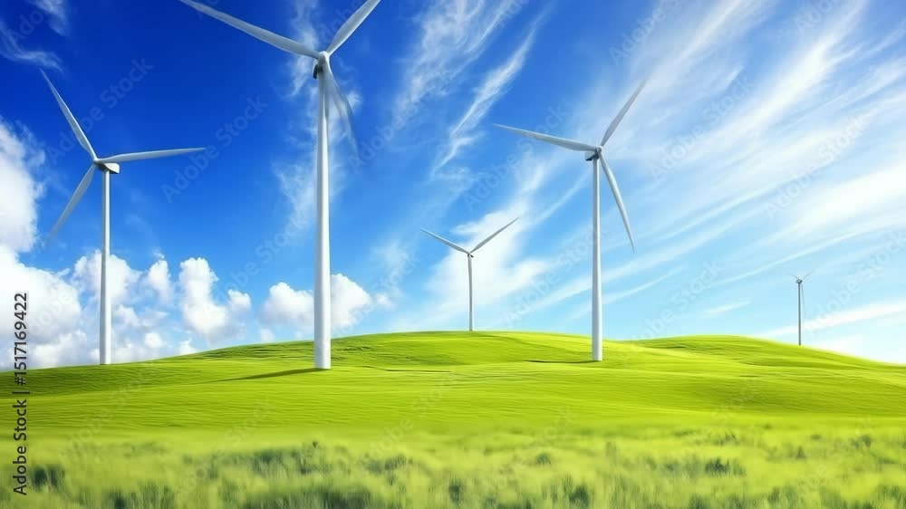 Scenic view of wind turbines on a lush green hillside under a bright sunny sky Scenic view of wind turbines on a lush green hillside under a bright sunny sky