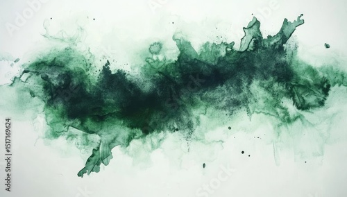 Abstract watercolor splatter of deep greens and dark accents on white