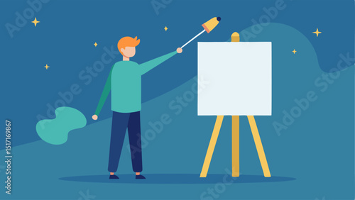 Digital Canvas Creation An artist stands before a blank digital canvas brush in hand. Light from their forehead bridges the gap to the canvas revealing how their imagination