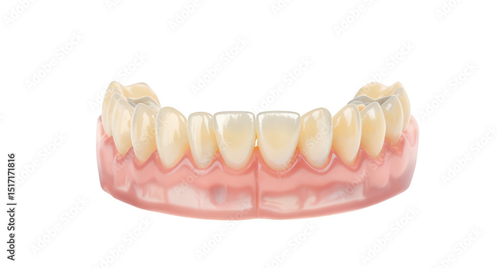 Obraz premium Realistic Dental Prosthesis Featuring False Teeth and Pink Gumline Isolated on Transparent Background