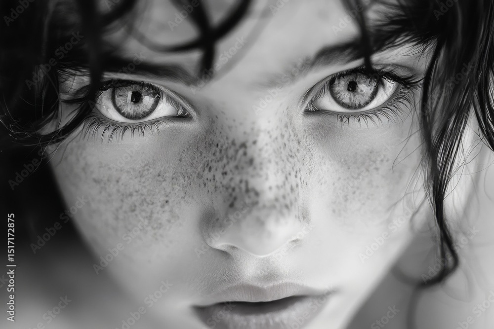 Artistic close-up portrait of woman with freckles and intense gaze in black and white Artistic close-up portrait of woman with freckles and intense gaze in black and white