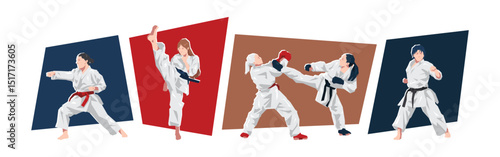 Set of female karateka in action, dynamic pose. Sport, karate, martial arts. Cartoon flat vector illustration.