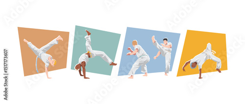 Set of male capoeirista in action, dynamic pose. Sport, capoeira, martial arts. Cartoon flat vector illustration.