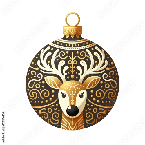 A detailed Christmas bauble with a reindeer head and intricate gold and white patterns. Use this for holiday, Christmas, or festive decorations on websites/blogs.