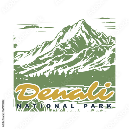 Denali Vintage Landscape T-Shirt Design with Retro Vector Illustration. 