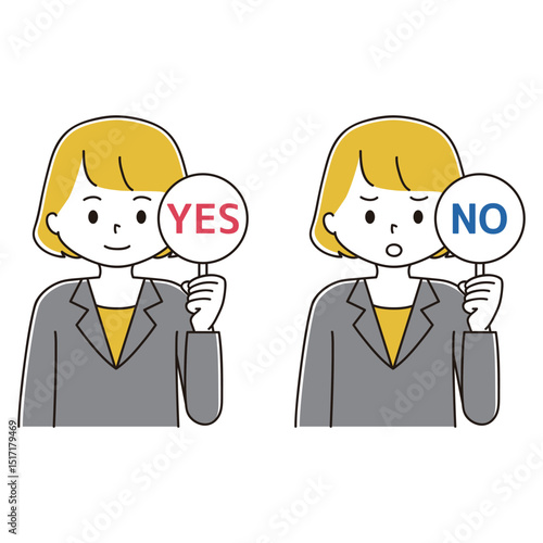 回答札を持つビジネスウーマンのイラストセット　yes no　承諾　拒否