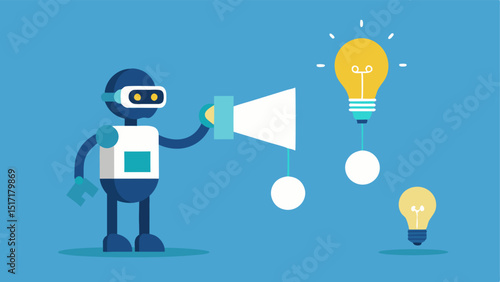 Campaign Creation An illustration of an AI robot or figure inputting data into a marketing campaign template with lightbulbs symbolizing new ideas popping up.