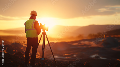 Surveyor at Sunset: Measuring with Precision in a Scenic Landscape