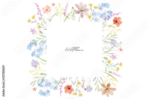 Colorful meadow wildflowers watercolor botanical background frame. Spring and summer Background watercolor arrangements with small flower. Botanical illustration minimal style.