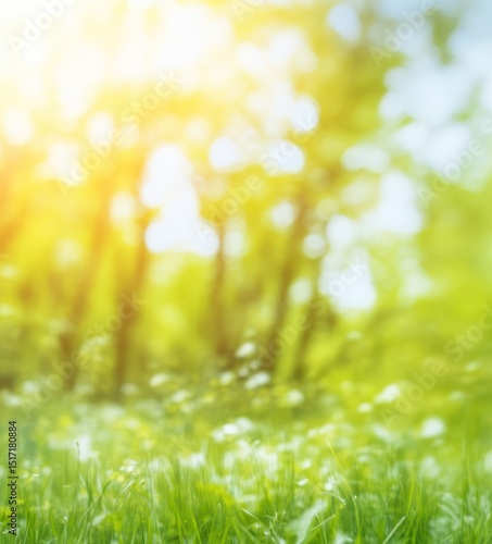 Soft Focus on Green Grass with Sunlight Filtering Through Trees in a Lush, Vibrant Natural Landscape for Tranquil Outdoor Settings