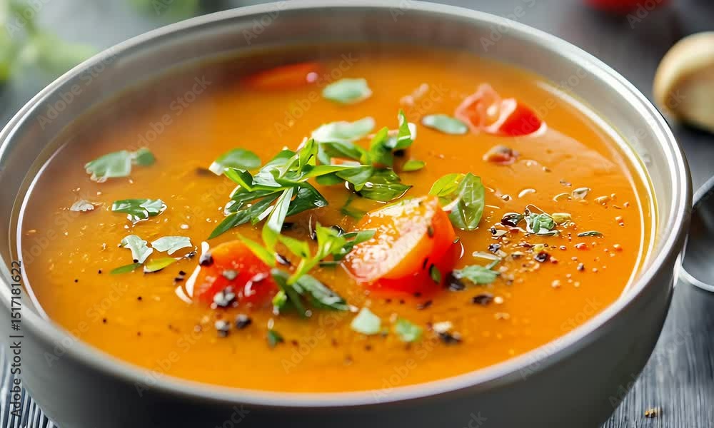 Orange Tomato Soup in Gray Bowl with Fresh Parsley And Spoon On Dark Wood Table Orange Tomato Soup in Gray Bowl with Fresh Parsley And Spoon On Dark Wood Table