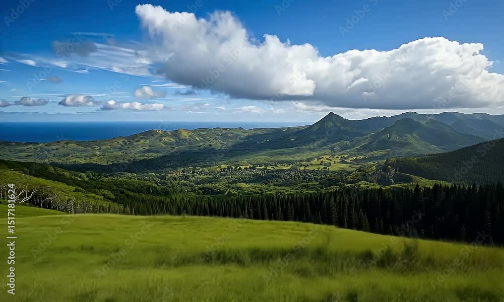 Lush Green Meadow Sloping Down to the Distant Blue Ocean Under a Sky with White Clouds Mountainous Backdrop Lush Green Meadow Sloping Down to the Distant Blue Ocean Under a Sky with White Clouds Mountainous Backdrop