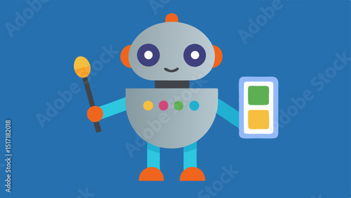 Artistic Robot A friendly robot character holding a paintbrush and a palette creating an AIgenerated masterpiece on a canvas with colorful splashes.