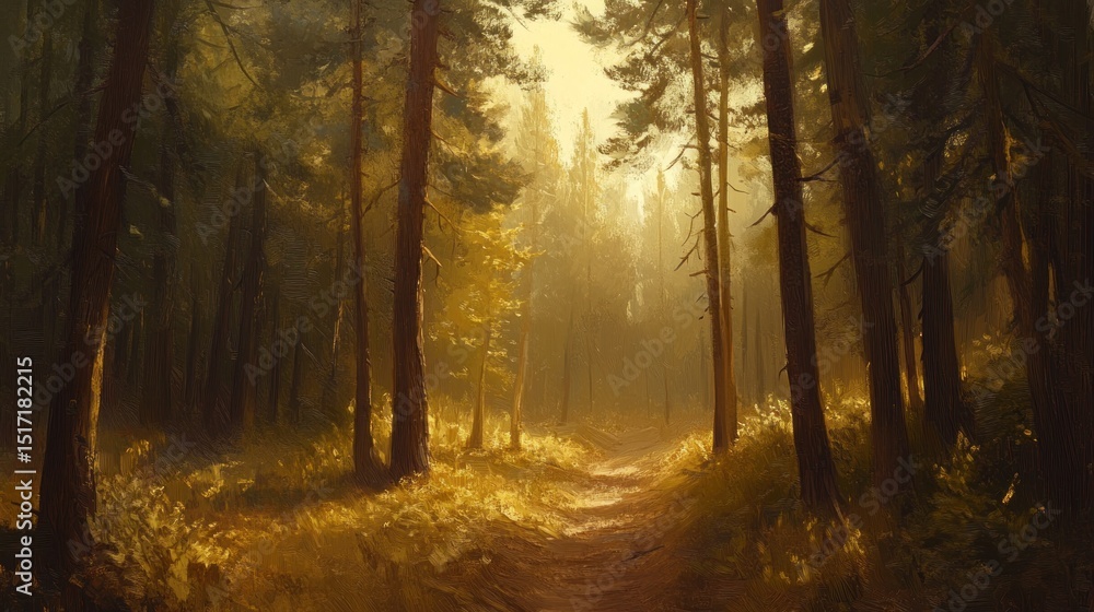 Obraz premium Sunlit Forest Path: A Painterly Landscape of Trees and Light