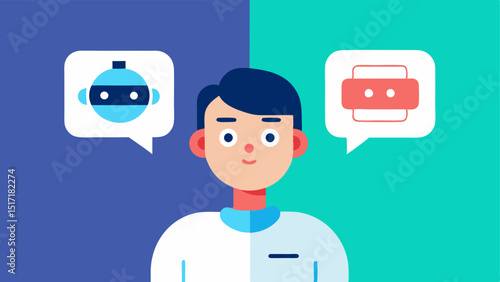 Advice Conversation A splitscreen illustration where a patient is conversing with a chatbot with one side showing the patient looking confused and the other side displaying the