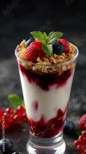 Wallpaper Mural Delicious parfait in glass with layers of yogurt, berry compote, and crunchy granola, topped with fresh berries and mint on dark surface Torontodigital.ca