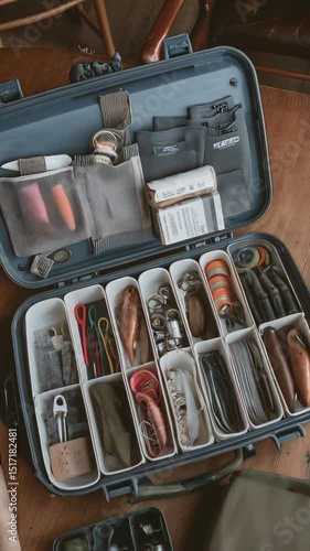 Overhead view of an open fishing tackle box on a wooden surface with various fishing equipment inside in organized compartments.