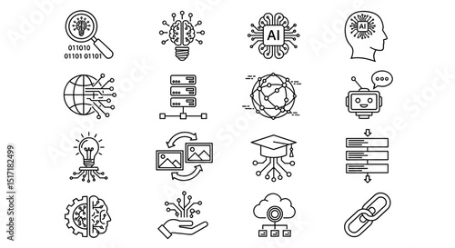 Collection of sixteen distinct ai themed icons in a clean and modern line art style illustration on transparent background