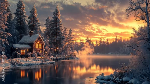 Cozy cabin by serene lake at sunset, surrounded by snow covered trees, evokes tranquil winter vibes