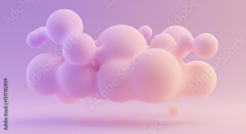An abstract cluster of soft, organic metaballs in delicate pastel pink, purple, and peach hues, floating serenely above a subtle surface. Smooth gradient background modern, dreamlike quality.